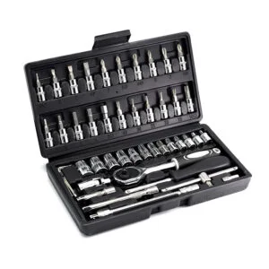 46PCS 1/4 inch Drive Socket Set, Metric Ratchet Wrench Set with 4-14mm CR-V Sockets,S2 Bits, Extension Bars